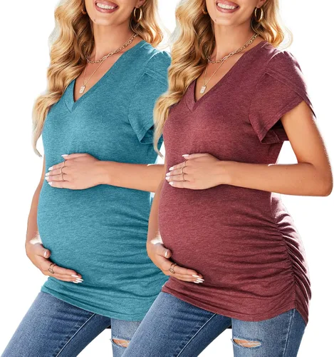 Molliya Camisas de maternidad para mujer, manga corta y larga, cuello en V, fruncido, lateral, para embarazo, verano, blusa, ropa de maternidad