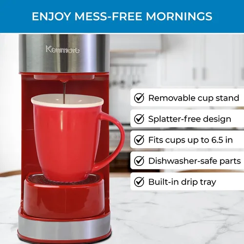 Miniatura 4 de Koolatron Kenmore Cafetera de una porción y Taza de Viaje de Acero Inoxidable, Compatible con Cápsulas/Pods y Café Molido, Compatible con K Cup, Rojo