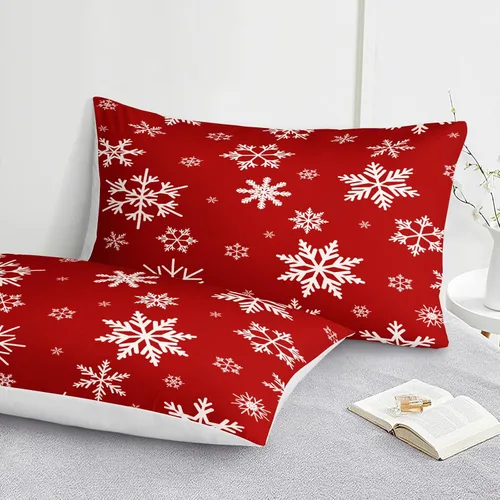 Miniatura 4 de Juego de ropa de cama de Navidad con funda de edredón de copos de nieve, color blanco y rojo, con estampado navideño, juego de ropa de cama festiva