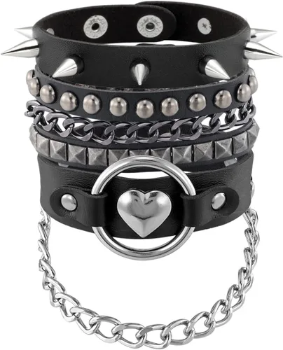 Miniatura 11 de Eigso Pulseras de cuero punk para hombres y mujeres, estilo retro de los años 80, hematita y rock, juego de pulseras de metal ajustables para hombre