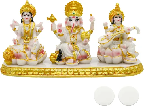 alikiki Estatua india de Laxmi Ganesh Saraswati – 3.9 pulgadas de alto pequeño aspecto de mármol Lakshmi Ganesha ídolo escultura para tablero de