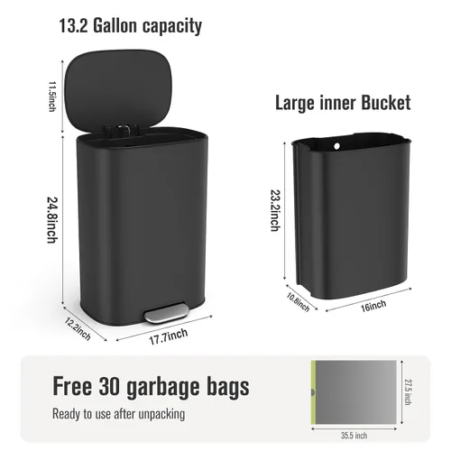 Miniatura 2 de Bote de basura negro de 13 galones con pedal de metal de acero inoxidable para cocina con tapa, cierre suave y silencioso, bote de basura grande