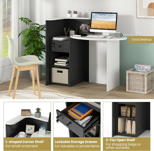 Miniatura 4 de Giantex Escritorio de recepción, mostrador delantero con cajón con cerradura, mesa de pago con mesa redonda, estante de esquina y estante ajustable