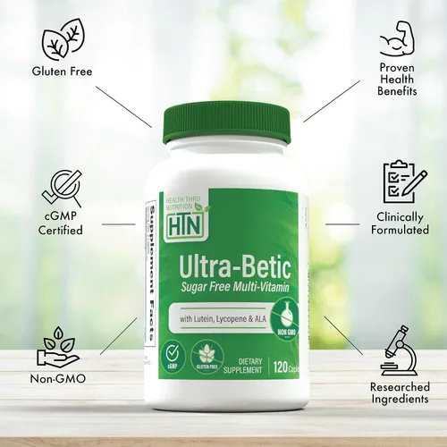Miniatura 4 de Health Thru Nutrition Ultra-Betic Multivitamínico 120 unidades Apoya el nervio, la visión, la energía con ALA, licopeno Sin OMG, etiqueta