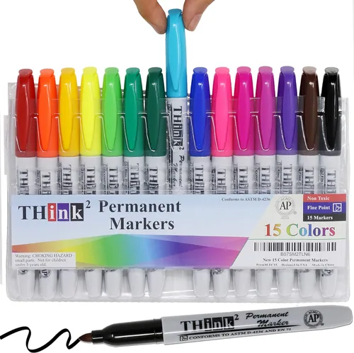[15 marcadores - 15 colores] Marcadores permanentes Think2 con punta de bala. (15 colores surtidos) Funciona en papel, plástico, piedra, metal y