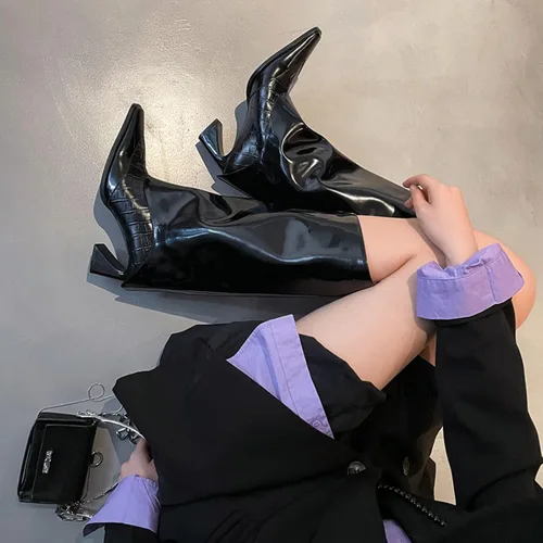 Miniatura 4 de Vertundy Botas altas hasta la rodilla para mujer, botas largas plegables, botas altas gruesas de pantorrilla ancha, botas altas con punta cuadrada