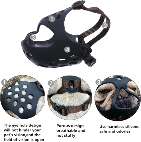 Miniatura 3 de Bozal corto para perro, de silicona suave, ajustable, transpirable, bozal para masticar, morder, ladrar, entrenar, ideal para perros de cara plana