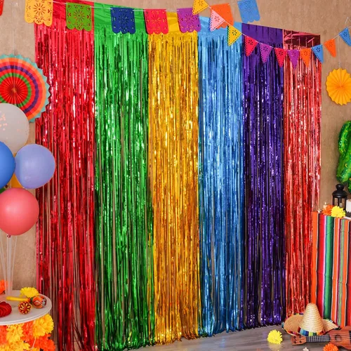 Decoraciones de fiesta Mega-L, paquete de 2 decoraciones de fiesta de taco, cortinas de flecos de papel de aluminio, 3.3 x 6.6 pies, serpentinas de