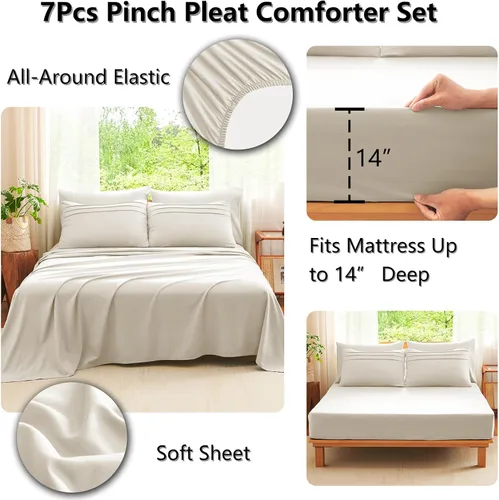Miniatura 5 de CozyLux Juegos de Edredón Tamaño Full Beige, 7 Piezas Suave Plisado Pinch Pleat Cama en una Bolsa Juego de Edredón Full con Sábanas, Juego de Cama