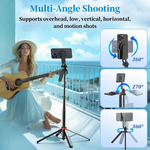 Miniatura 2 de PlusAcc Trípode magnético para selfie stick de 69 pulgadas, soporte extensible para teléfono MagSafe, soporte de viaje de rotación de 360°