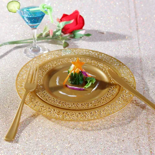 Miniatura 3 de 102 platos desechables de plástico de color café dorado con diseño de encaje, sin bisfenol A, lo que incluye: 51 platos llanos de 10.25 pulgadas