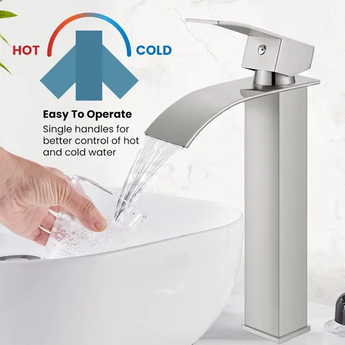 Miniatura 5 de gotonovo Grifo de Cascada Alto para Baño de Una Sola Manija, Grifos de Baño para Lavabo de 1 Agujero, Grifo de Lavabo de Acero Inoxidable Moderno