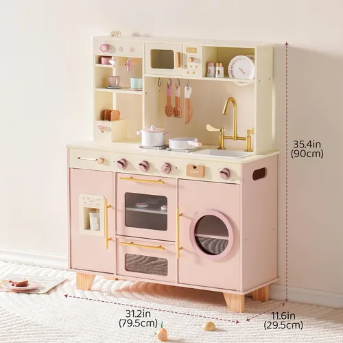 Miniatura 2 de ROBUD Play Kitchen, Juego de Cocina de Juguete Grande Rosa con Cafetera y Tostadora de Juguete para Niños Pequeños de 3+ Años, Cocina de Madera