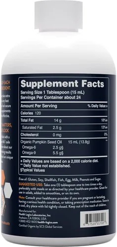 Miniatura 3 de Health Logics Aceite de semilla de calabaza de 12 onzas orgánico prensado en frío Vegetariano, sin OMG, sin gluten Seguro para cocinar Apoya