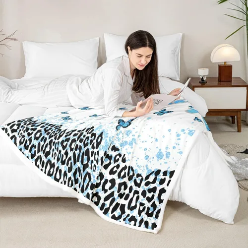 Miniatura 4 de Manfei Manta de mariposa azul con purpurina plateada para sofá, manta de cama con estampado de leopardo azul para niños y niñas, decoración