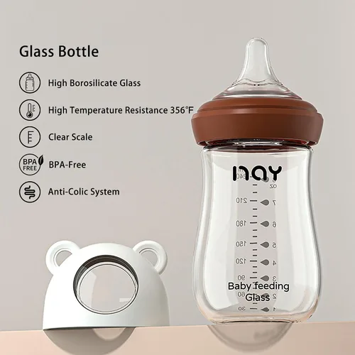 Miniatura 7 de yanyoyo Biberón de vidrio natural para bebés que amamantan, biberón anticólicos de 8 onzas con pezón de respuesta natural (M), transparente, cuello