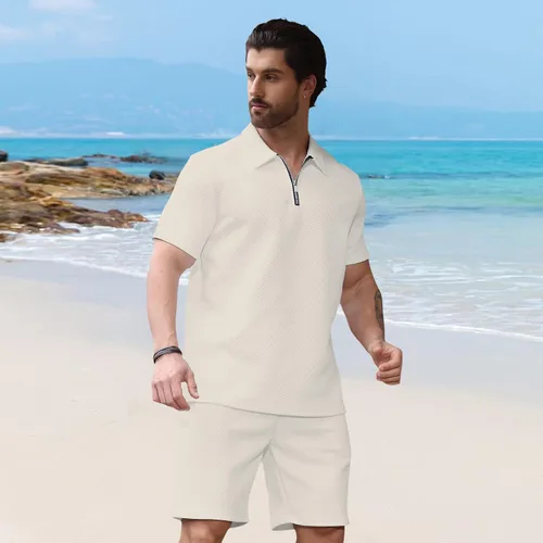 Miniatura 3 de Aulemen Conjunto deportivo de 2 piezas con cremallera para hombre, manga corta, camiseta polo y pantalones cortos, conjuntos de verano para hombre