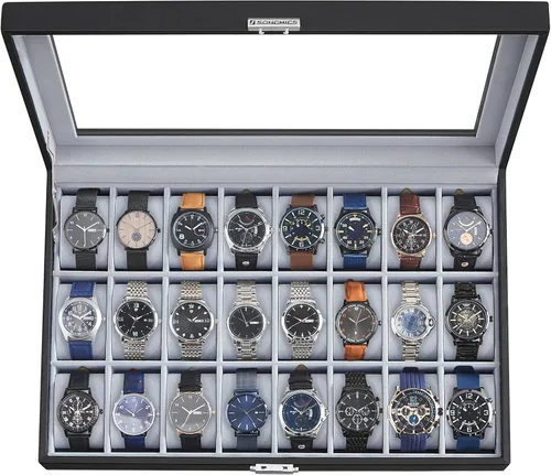 SONGMICS 24 organizador y exhibidor negro de calidad superior, de vidrio, con funda para reloj, de piel sintética UJWB024