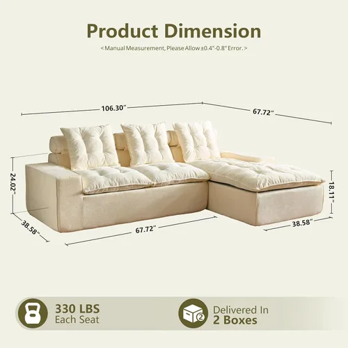 Miniatura 2 de 106" Cloud Boneless Couch with Chaise, L-Shape Deep Seat Sectional Couches, No Assembly Required, Convertible Modular Sleeper Sofa Bed, Living Room