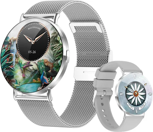 Relojes inteligentes ultrafinos para mujer (llamada/2 bandas/todo metal), 1.614 in, 1.32 pulgadas, AMOLED ultra transparente, rastreador de Plateado