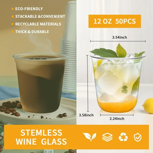 Miniatura 2 de Vasos Desechables sin Tallo 12oz Copas de Plástico Cristal Vasos Desechables para Bebidas Frías de Fiesta Copas de Vino para Reuniones Bodas