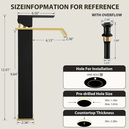 Miniatura 6 de Grifo de Lavabo Negro y Dorado, Grifo de Baño Alto de Un Solo Agujero, Hecho de Acero Inoxidable SUS304 Moderno, Incluye Drenaje Desplegable