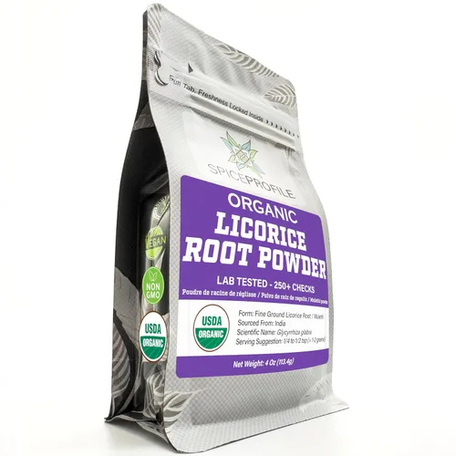 Spice Profile Polvo de raíz de regaliz orgánico USDA, probado en laboratorio para metales pesados, bolsa resellable de 4 onzas, Mulethi, Regaliz en