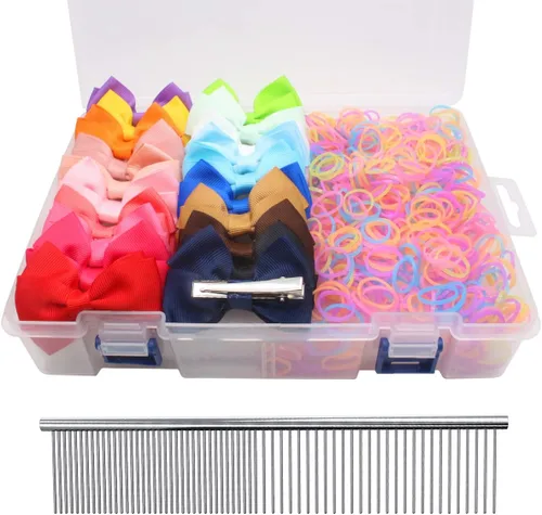 Miniatura 9 de YOY 20 adorables lazos para el pelo de perro con clips y 1000 bandas de goma y 1 peine de acero para peluquería, nudo superior de cachorro, moño