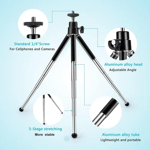 Miniatura 4 de Mini trípode para cámara web y teléfono, soporte de cámara web extensible de metal de 4 a 9 pulgadas con soporte para teléfono, trípode de mesa