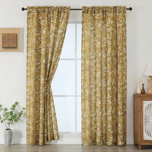 Miniatura 13 de Chyhomenyc Cortinas de mezcla de lino de 63 pulgadas de largo, 2 paneles de cortina con estampado floral filtrante de luz para sala de estar