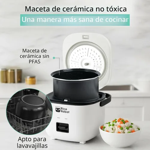 Miniatura 2 de Rice Robot - Arrocera personal, sin PFAS, antiadherente. Capacidad de 1 cuarto, con bandeja de vapor de acero inoxidable, tazas medidoras, libro