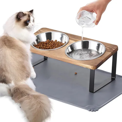 Miniatura 17 de Cuencos elevados mejorados para gatos con alfombrilla para comida, soporte inclinado a 15° anti-vómito, cuencos elevados para gatos para comida