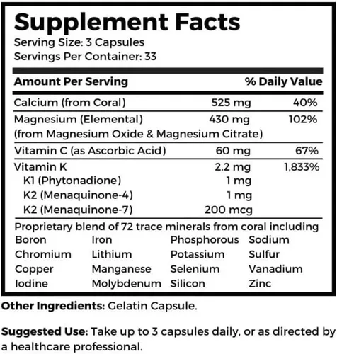 Miniatura 3 de Dr. Clark Store Coral Cal-Mag K2 – 993 mg, 100 cápsulas de gelatina, apoya la salud ósea, equilibrio de pH, 72 minerales traza y vitamina K
