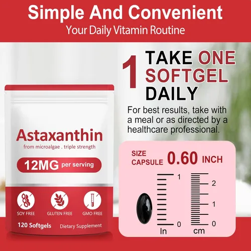 Miniatura 2 de Suplementos de astaxantina, astaxantina 12 mg, 120 cápsulas blandas antioxidante Astaxantina Suplemento para la salud ocular, piel, articulaciones e