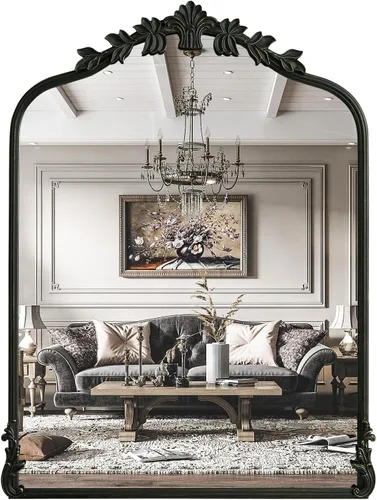 Miniatura 17 de WallBeyond Espejo vintage negro para tocador de 32x24 pulgadas, espejo negro antiguo con marco ornamentado, pared vintage arqueada para baño, sala