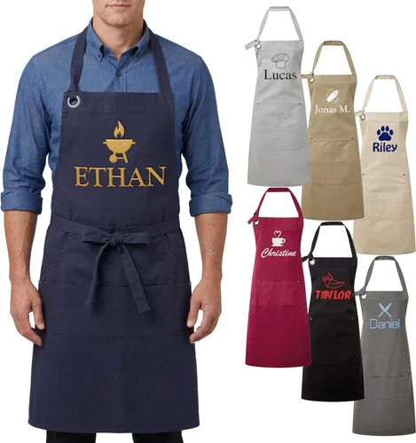 Delantales Personalizados para Hombres, Mujeres - Delantal de Lienzo con Bordado Personalizado - 18 Iconos, 4 Colores, 8 Fuentes y 18 Colores de