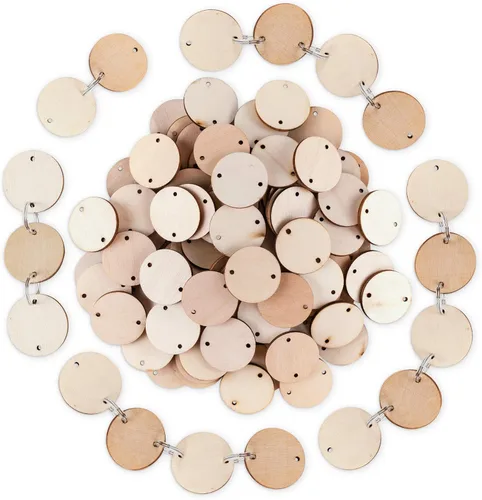 Miniatura 3 de Super Z Outlet 100 discos redondos de madera y 100 llaveros, discos circulares de madera con agujeros y clips para anillos para etiquetas de tablero