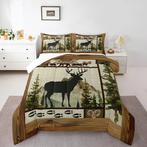 Miniatura 31 de Manfei Rutic Farmhouse - Juego de edredón tamaño King, juego de ropa de cama de retazos de madera a cuadros de ciervo, oso, árbol, 3 piezas