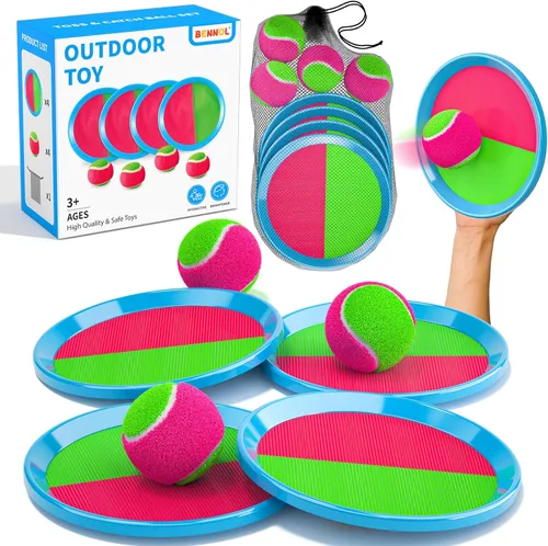 Juego de lanzar y atrapar pelotas Bennol para niños, 4 paletas, 4 pelotas y bolsa de almacenamiento, juguetes al aire libre para edades 3-10, juegos