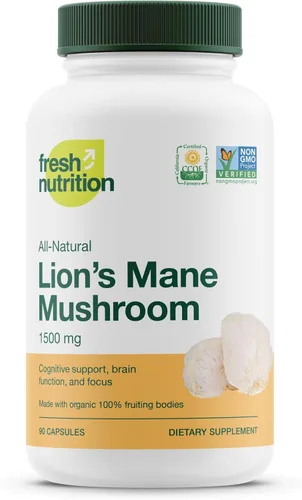 Fresh Nutrition Cápsulas orgánicas de hongos melena de leones - Fórmula verificada de ADN más fuerte - Ricas en alfa glucano - Potente suplemento