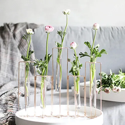 Miniatura 8 de HelloHome Florero con bisagras, jarrón con marco de metal negro con 5 tubos de ensayo, soporte para plantas de estación de propagación, decoración