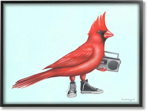 Stupell Industries Cardinal Bird Negro Zapatillas Retro Boombox Ilustración, Diseño por Amelie Legault Marco negro