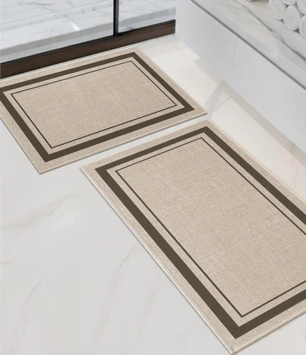 Miniatura 26 de chakme Juego de 2 alfombras de baño ultrafinas, absorbentes, antideslizantes, lavables a máquina, color beige oscuro, 17 x 24 pulgadas + tapete