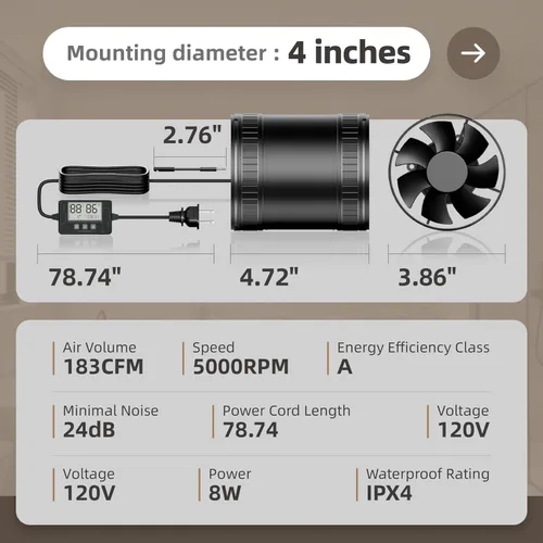 Miniatura 2 de Ventilador compacto de conducto en línea de 4 pulgadas con sensor de humedad y temperatura, ventilador de escape silencioso con controlador de 6