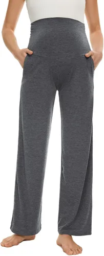 Miniatura 35 de Ecavus Pantalones de maternidad anchos y rectos para mujer, versátiles, cómodos, palazzo, elásticos, con bolsillos