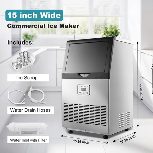 Miniatura 4 de Amzgachfktch Máquina de hielo comercial, máquina de hielo de 100 libras/24 horas, autolimpieza automática, pantalla digital LED, luz azul, debajo