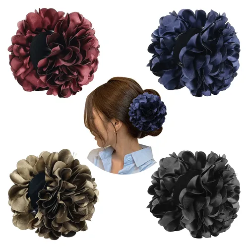Cinaci Paquete de 4 Lazos Grandes de Flores de Satén para el Cabello Rojos Azul Marino Negro Pinzas de Plástico para el Cabello Clips Cinta Tela