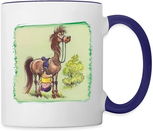 Spreadshirt Thelwell Equestrian Hanging by Stirrup Fun Fail - Taza de dos tonos, talla única, blanco/azul cobalto Blanco/Negro/Azul cobalto