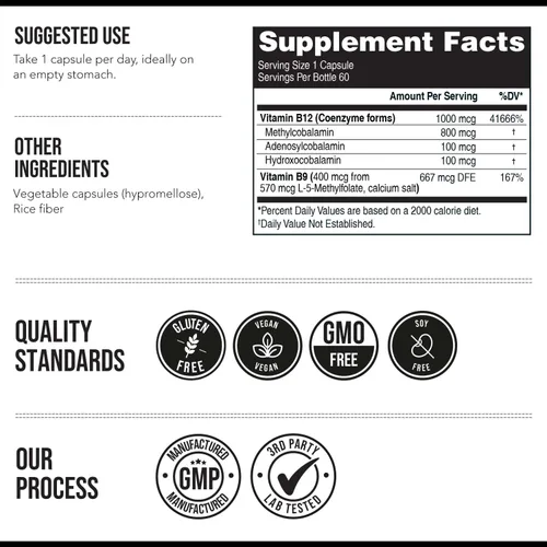Miniatura 7 de BioActive Vitamina B12 – 1000 mcg, contiene las 3 formas de coenzimas (metilo, adenosilo e hidroxi) más coactor de metilfolato Apoya la energía