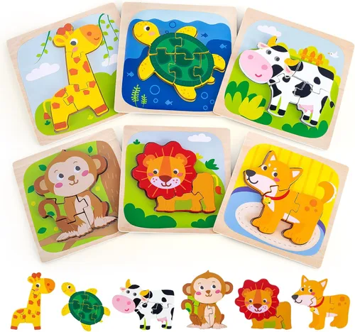 Paquete de 6 rompecabezas de madera para niños pequeños de 1 a 3 años, juguetes Montessori para niños de 2 años, juguetes educativos con 6 patrones